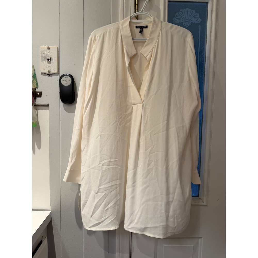 Eileen Fisher Silk Tunic Blouse Off White Cream V-Neck Long Sleeve Medium